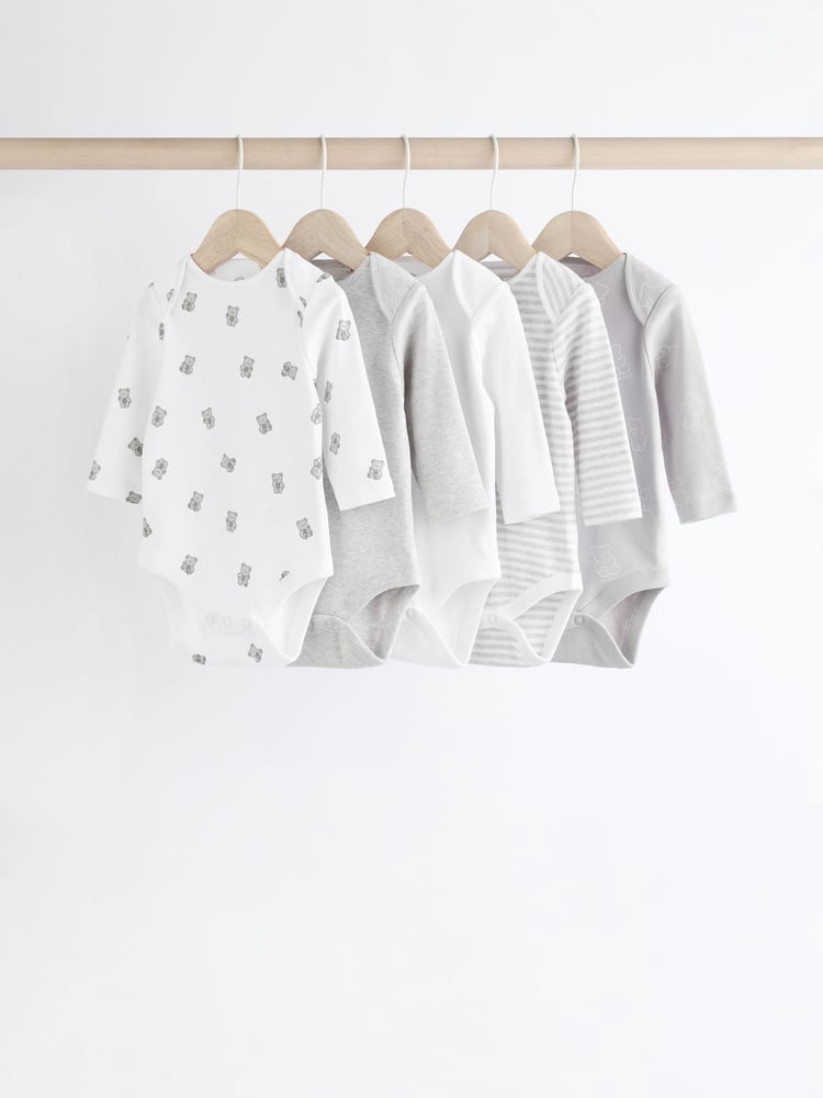 Grey/White Bear Baby Bodysuits 5 Pack - Image 1 of 13