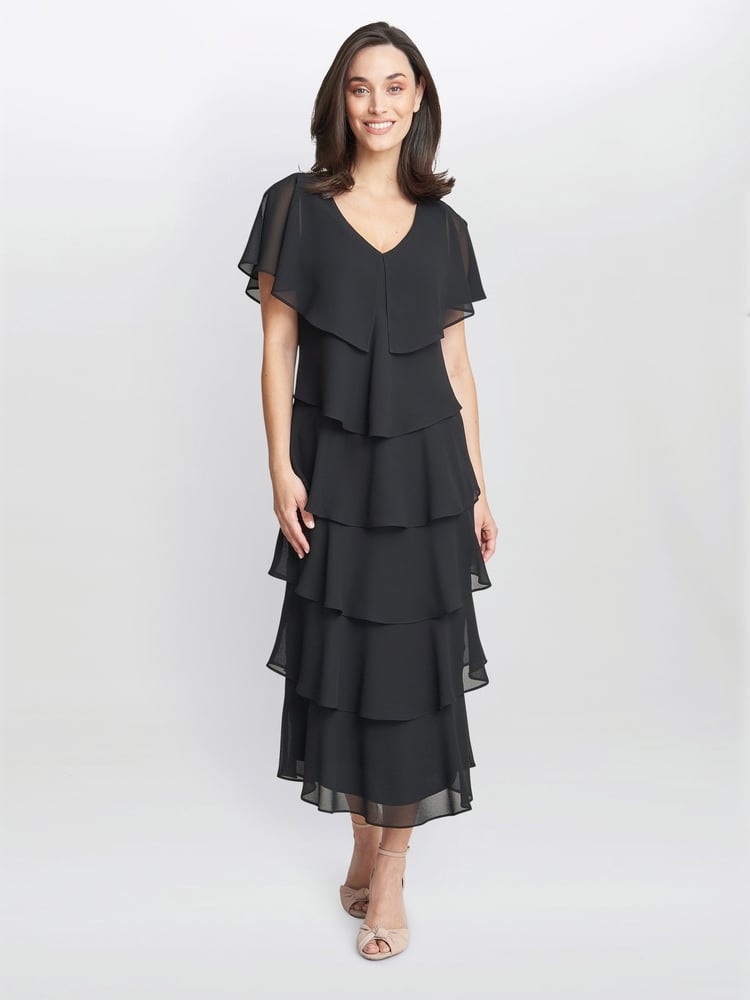 Gina Bacconi Rebecca Midi Tiered Dress With Shoulder Trim - Image 1 of 5 Gina Bacconi Rebecca Midi Tiered Dress With Shoulder Trim - Image 1 of 5