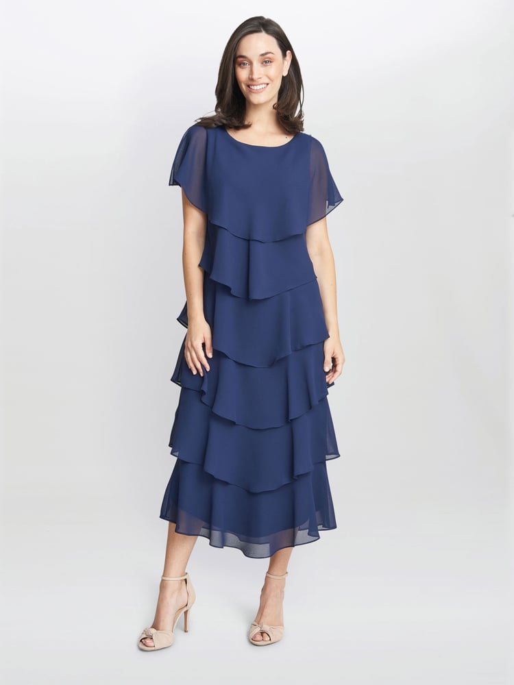 Gina Bacconi Dark Blue Tessa Midi Tiered Dress With Shoulder Trim - Image 1 of 5 Gina Bacconi Dark Blue Tessa Midi Tiered Dress With Shoulder Trim - Image 1 of 5