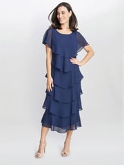 Gina Bacconi Dark Blue Tessa Midi Tiered Dress With Shoulder Trim - Image 3 of 5