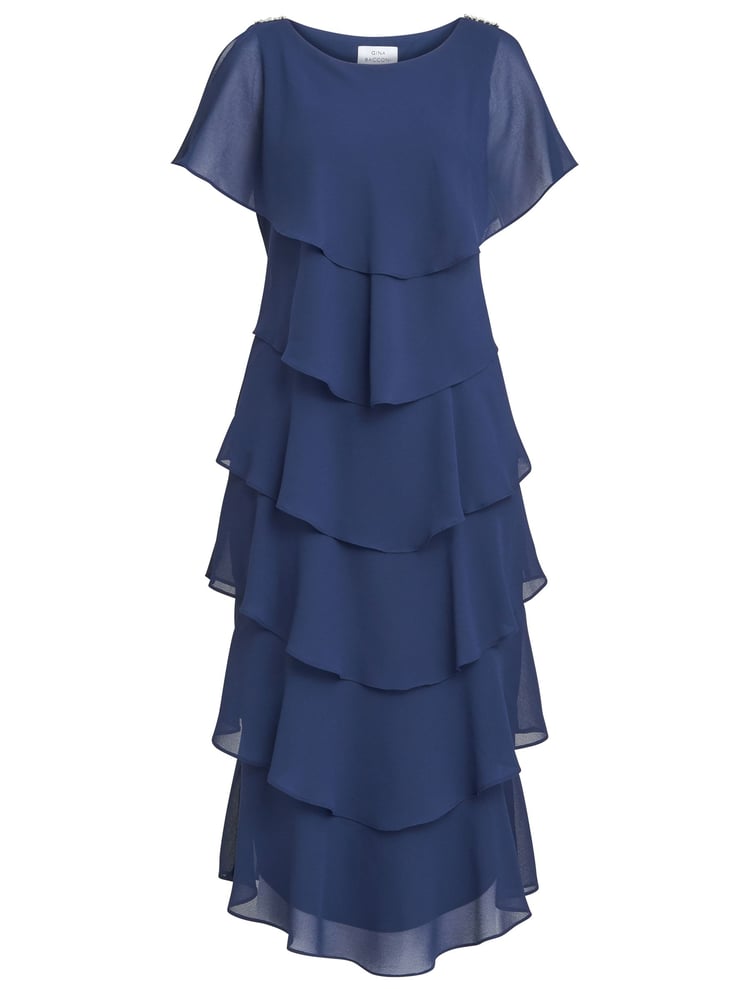 Gina Bacconi Dark Blue Tessa Midi Tiered Dress With Shoulder Trim - Image 5 of 5