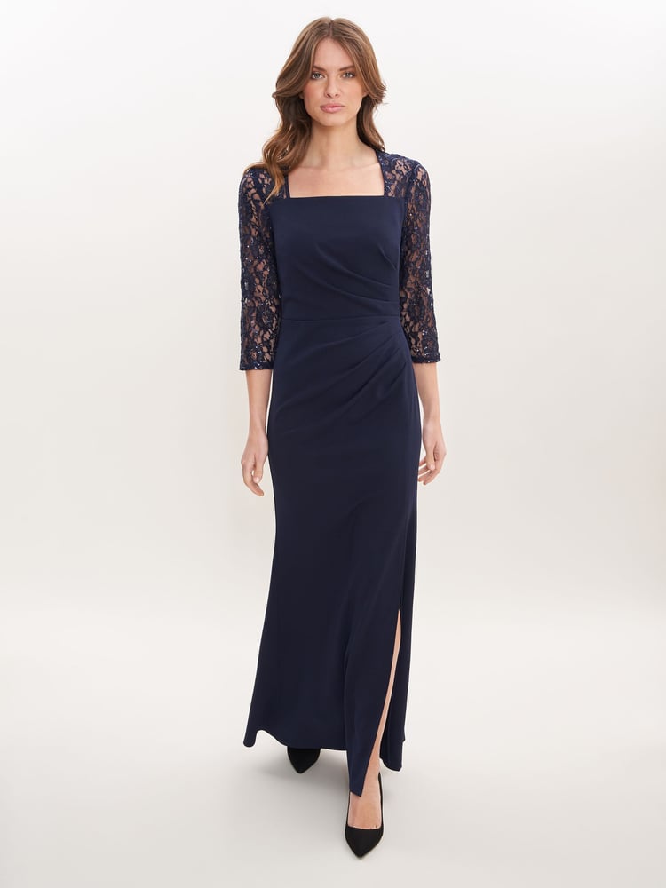 Gina Bacconi Blue Una Maxi Dress With Lace Sleeves - Image 1 of 5 Gina Bacconi Blue Una Maxi Dress With Lace Sleeves - Image 1 of 5