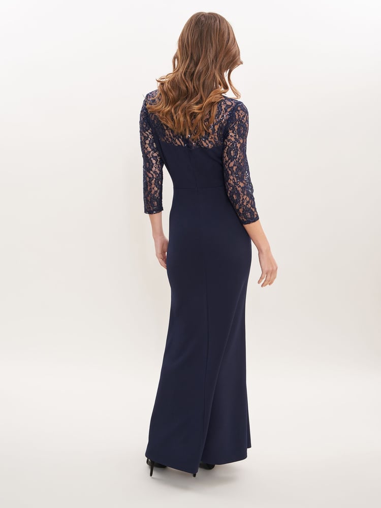 Gina Bacconi Blue Una Maxi Dress With Lace Sleeves - Image 2 of 5 Gina Bacconi Blue Una Maxi Dress With Lace Sleeves - Image 2 of 5
