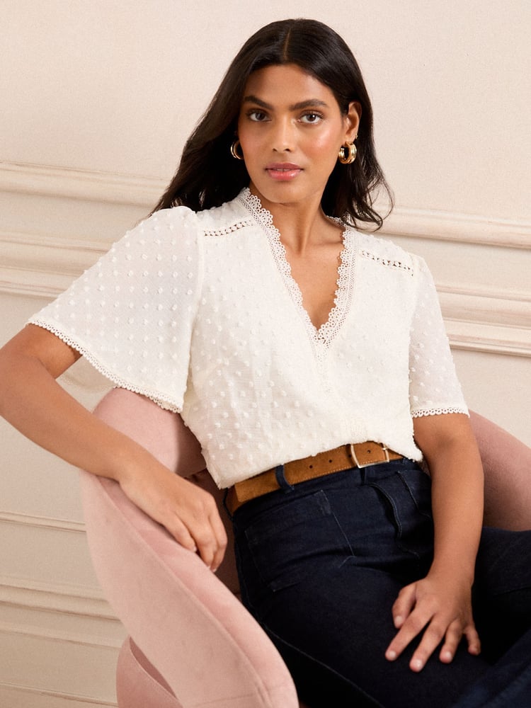 Love & Roses Ivory White Dobby Flutter Sleeve Blouse - Image 1 of 4 Love & Roses Ivory White Dobby Flutter Sleeve Blouse - Image 1 of 4