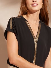 Love & Roses Black Sequin V Neck Roll Sleeve Blouse - Image 2 of 4