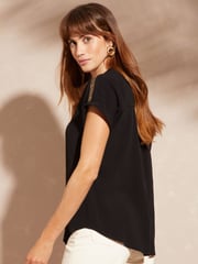 Love & Roses Black Sequin V Neck Roll Sleeve Blouse - Image 3 of 4