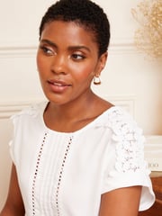 Love & Roses Ivory White Woven Lace Shoulder T-Shirt - Image 2 of 4