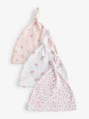 Pink Baby Tie Top 100% Cotton Hats 3 Pack (0-12mths) - Image 1 of 5