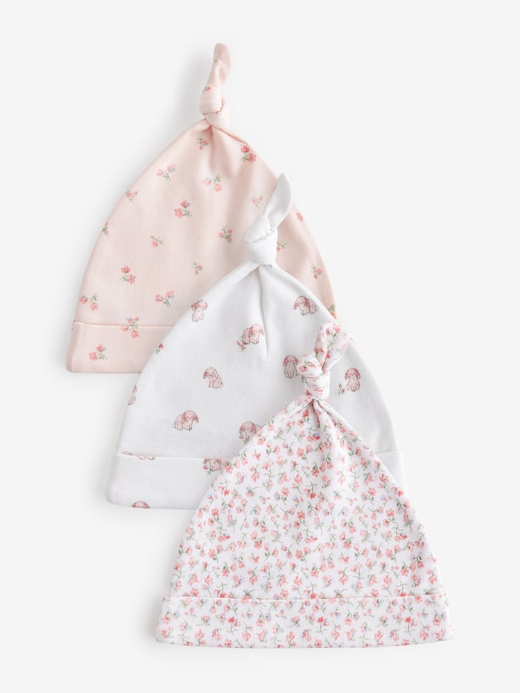 Pink Baby Tie Top 100% Cotton Hats 3 Pack (0-12mths) - Image 1 of 5
