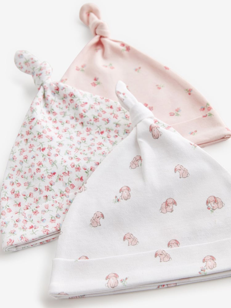 Pink Baby Tie Top 100% Cotton Hats 3 Pack (0-12mths) - Image 5 of 5