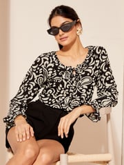 Friends Like These Black/White Textured Fauchette Jersey Long Sleeve Blouson Blouse - Image 1 of 4