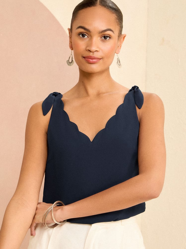 Love & Roses Navy Blue V Neck Scallop Detail Tie Shoulder Vest - Image 1 of 4