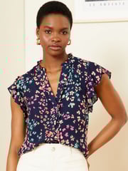 Love & Roses Navy Blue Animal Ruffle Trim V Neck Flutter Sleeve Blouse - Image 1 of 4