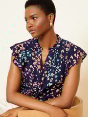 Love & Roses Navy Blue Animal Ruffle Trim V Neck Flutter Sleeve Blouse - Image 2 of 4