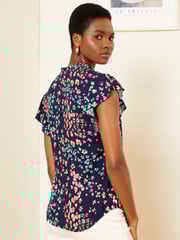 Love & Roses Navy Blue Animal Ruffle Trim V Neck Flutter Sleeve Blouse - Image 3 of 4