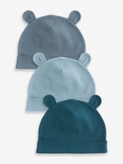 Mid Blue Baby 100% Cotton Beanies 3 Pack (0-18mths) - Image 1 of 5