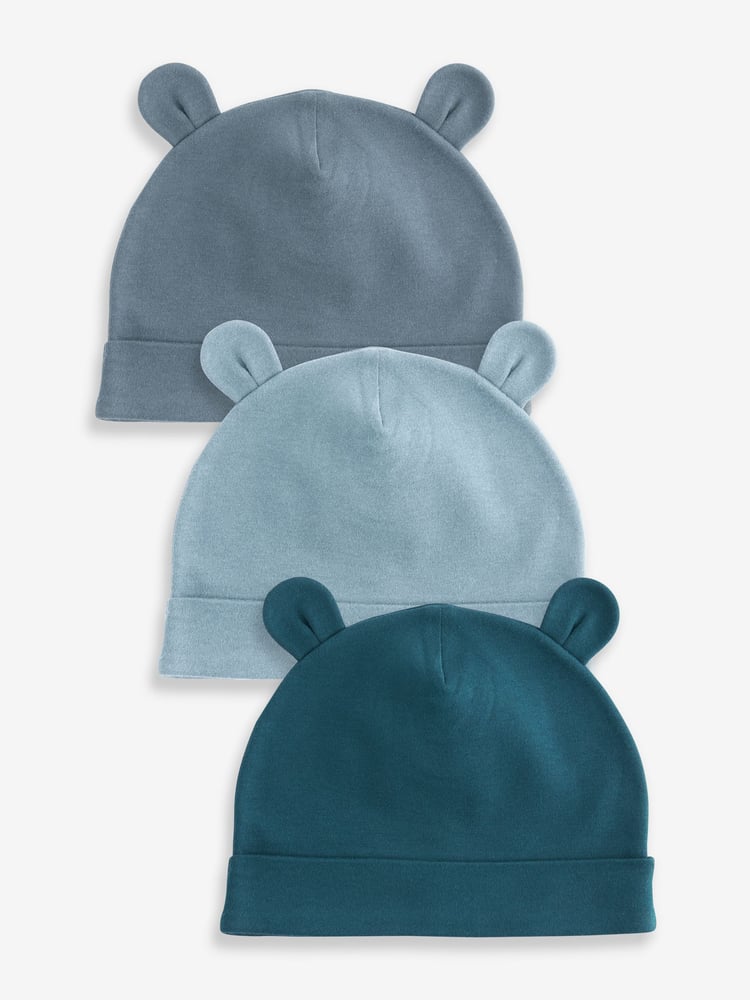 Mid Blue Baby 100% Cotton Beanies 3 Pack (0-18mths) - Image 1 of 5 Mid Blue Baby 100% Cotton Beanies 3 Pack (0-18mths) - Image 1 of 5