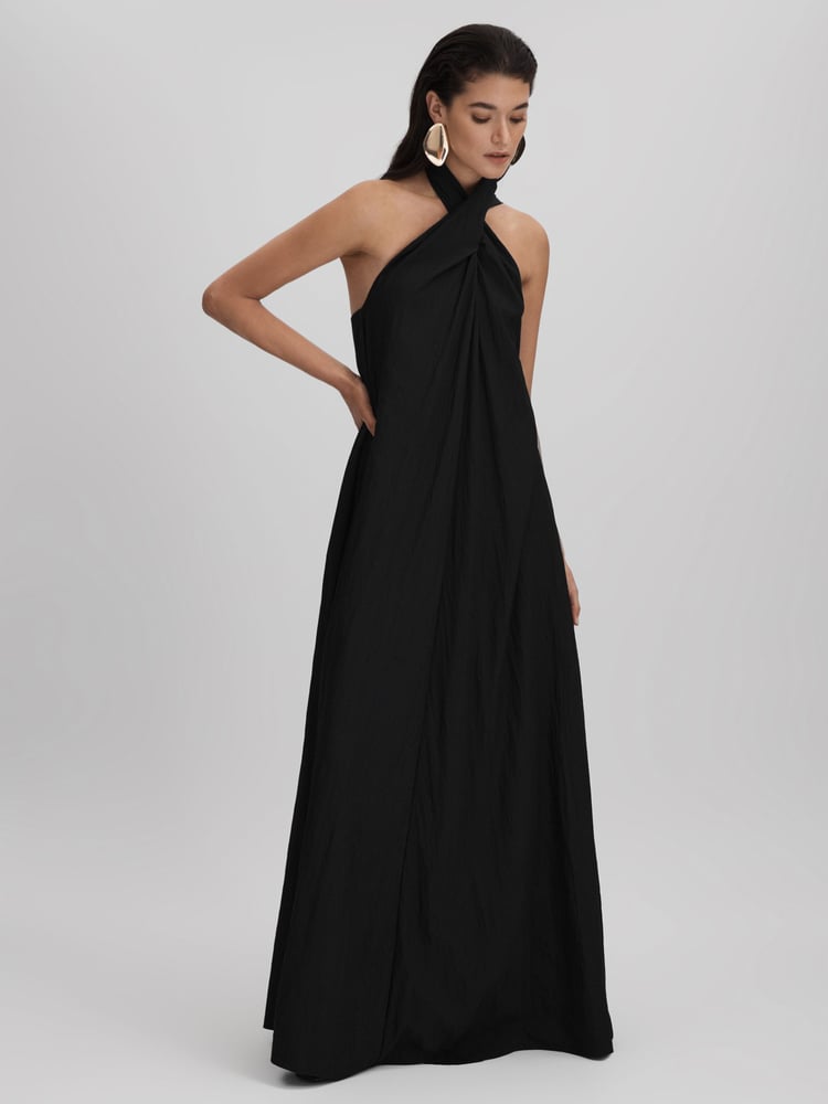 Reiss Black Phoebe Taffeta Halter Neck Maxi Dress - Image 1 of 6