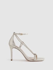 Reiss Gold Paige Leather Plaited Strappy Heeled Sandals - Image 1 of 5