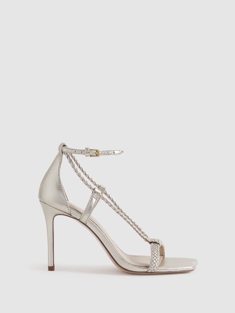 Reiss Gold Paige Leather Plaited Strappy Heeled Sandals - Image 1 of 5