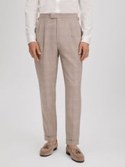 Reiss Oatmeal Collect Slim Fit Check Adjuster Trousers with Turn-Ups - Image 1 of 6