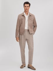 Reiss Oatmeal Collect Slim Fit Check Adjuster Trousers with Turn-Ups - Image 3 of 6
