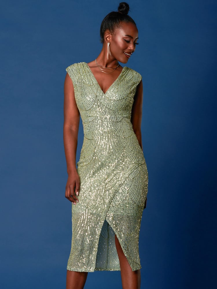 Jolie Moi Green Sequin Wrap Slit Pencil Dress - Image 6 of 6