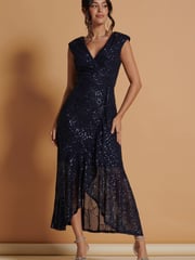 Jolie Moi Navy Blue Sequin Wrap Ruffle Hem Maxi Dress - Image 1 of 4