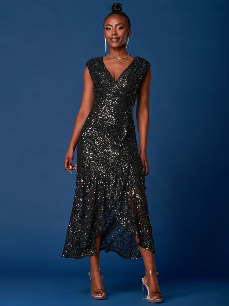Jolie Moi Black Sequin Wrap Ruffle Hem Maxi Dress - Image 1 of 6