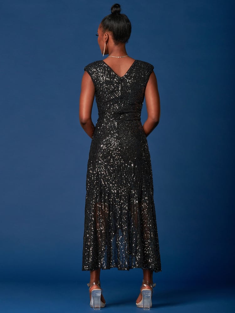 Jolie Moi Black Sequin Wrap Ruffle Hem Maxi Dress - Image 2 of 6