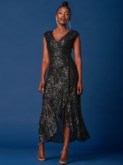 Jolie Moi Black Sequin Wrap Ruffle Hem Maxi Dress - Image 3 of 6