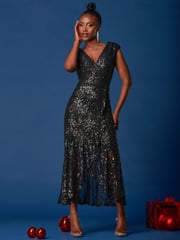 Jolie Moi Black Sequin Wrap Ruffle Hem Maxi Dress - Image 5 of 6