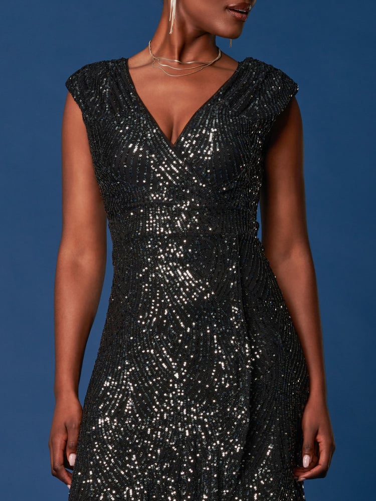 Jolie Moi Black Sequin Wrap Ruffle Hem Maxi Dress - Image 6 of 6