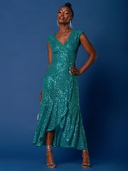 Jolie Moi Blue Sequin Wrap Ruffle Hem Maxi Dress - Image 3 of 6