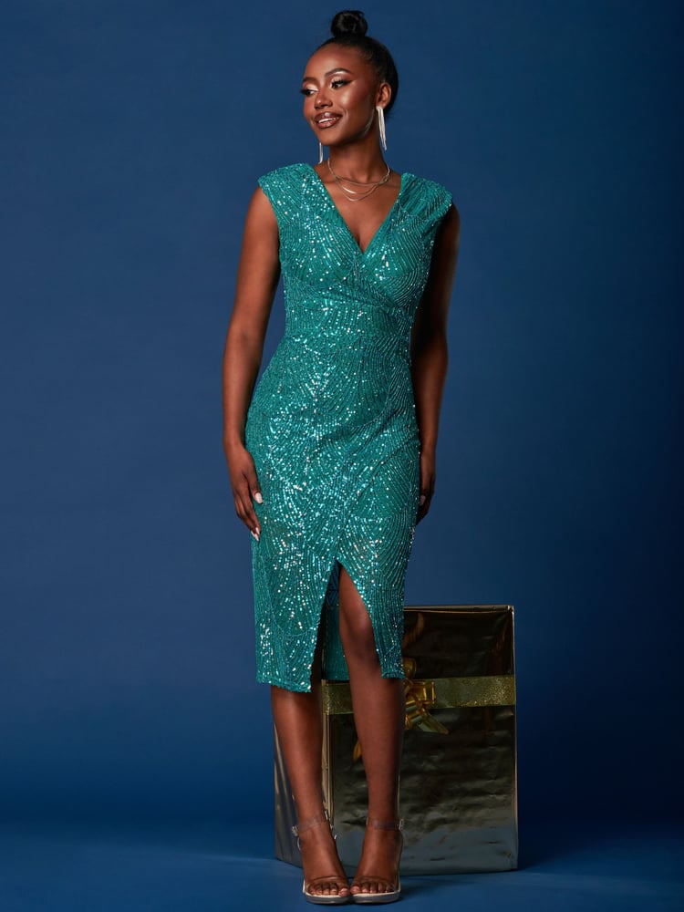 Jolie Moi Blue Sequin Wrap Slit Pencil Dress - Image 1 of 6