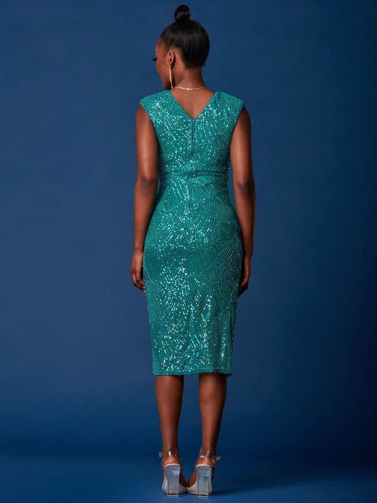 Jolie Moi Blue Sequin Wrap Slit Pencil Dress - Image 2 of 6