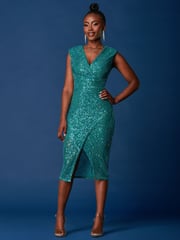 Jolie Moi Blue Sequin Wrap Slit Pencil Dress - Image 4 of 6