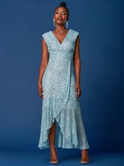 Jolie Moi Light Blue Sequin Wrap Ruffle Hem Maxi Dress - Image 4 of 6