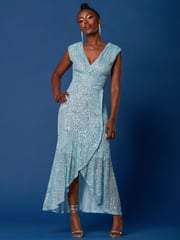 Jolie Moi Light Blue Sequin Wrap Ruffle Hem Maxi Dress - Image 5 of 6