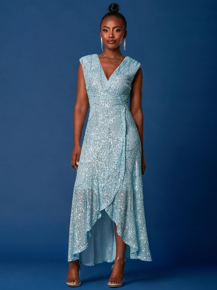 Jolie Moi Light Blue Sequin Wrap Ruffle Hem Maxi Dress - Image 6 of 6