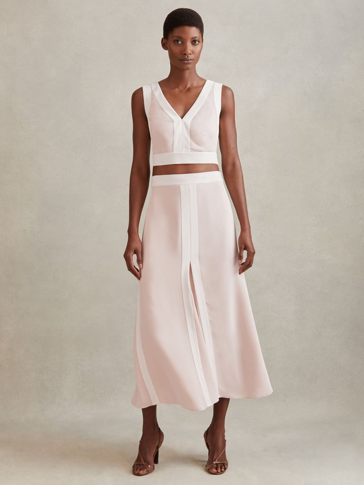 Reiss Nude/Ivory Rosalia Contrast Trim Co-Ord Midi Skirt - Image 1 of 5