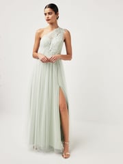Maya Light Green One Shoulder Tulle Maxi Dress With Embellished Motif - Image 1 of 3