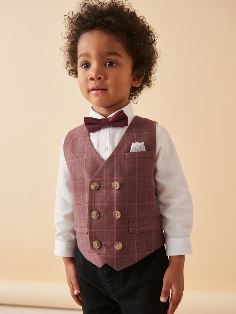 Plum Purple Check Waistcoat Set With Shirt And Bow Tie (3mths-7yrs) - Image 1 of 10