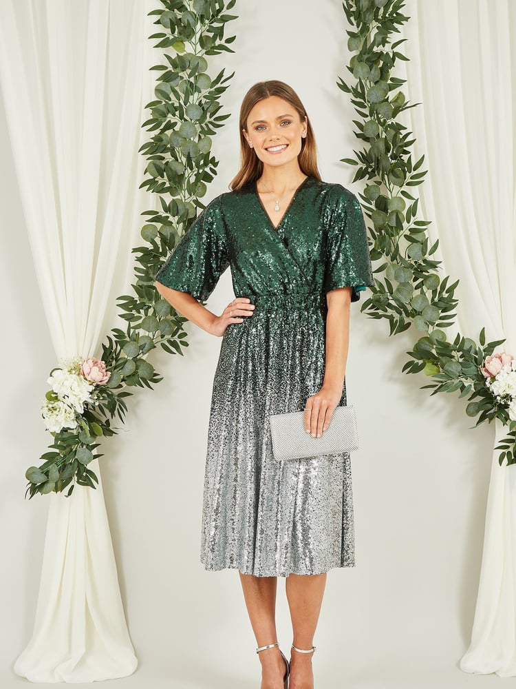 Yumi Green Ombre Sequin Midi Wrap Dress - Image 2 of 5