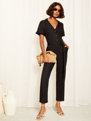 Friends Like These Black Short Sleeve Button Tapered Jumpsuit with Linen - Image 1 of 4