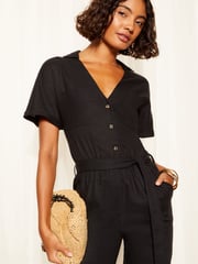 Friends Like These Black Short Sleeve Button Tapered Jumpsuit with Linen - Image 3 of 4