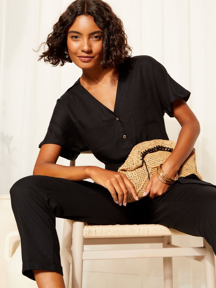 Friends Like These Black Short Sleeve Button Tapered Jumpsuit with Linen - Image 4 of 4