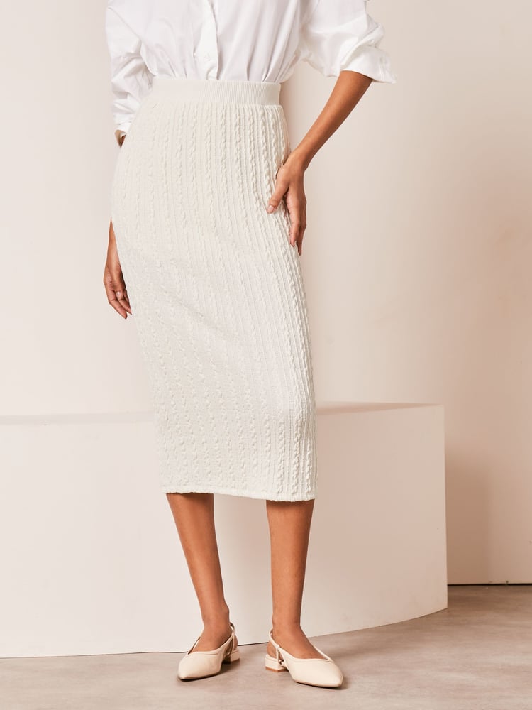 Lipsy Ivory White Cable Knit Column Midi Skirt - Image 1 of 4 Lipsy Ivory White Cable Knit Column Midi Skirt - Image 1 of 4