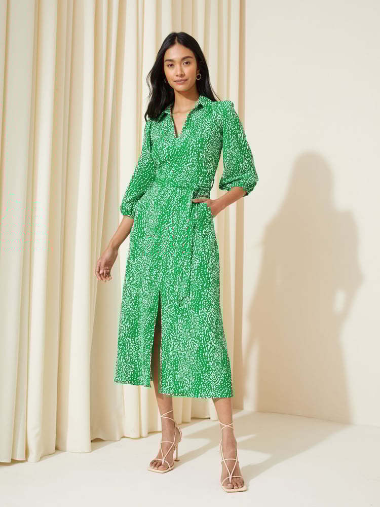 Friends Like These Green V Neck Jersey Belted Midi Shirt Dress - Image 1 of 1
