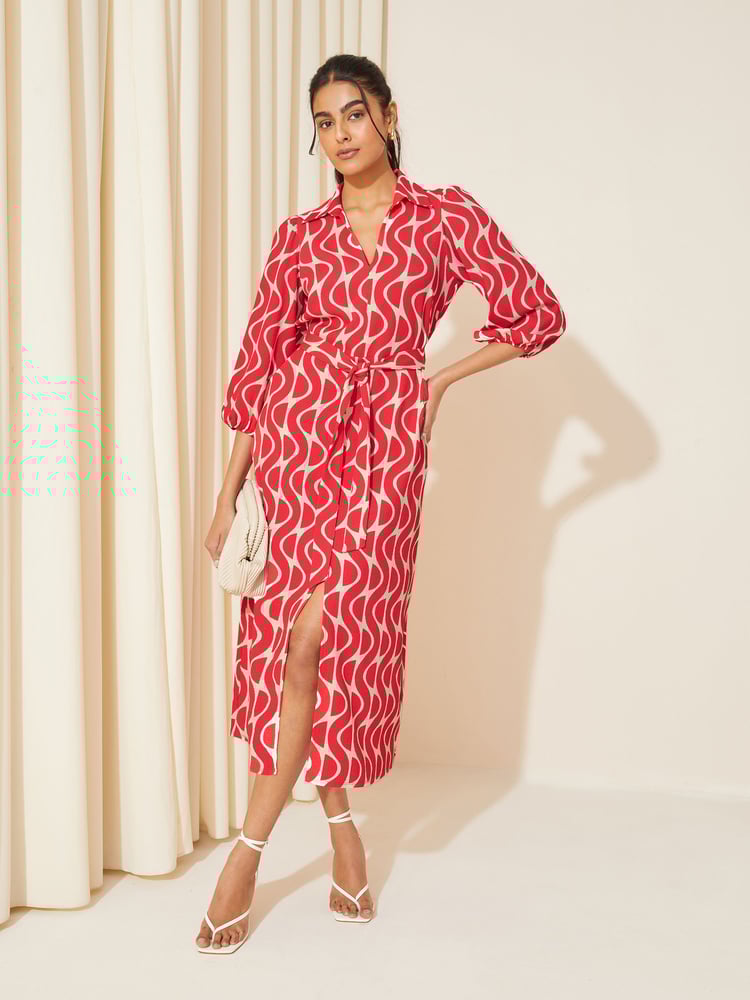 Friends Like These Red V Neck Jersey Belted Midi Shirt Dress - Image 1 of 1